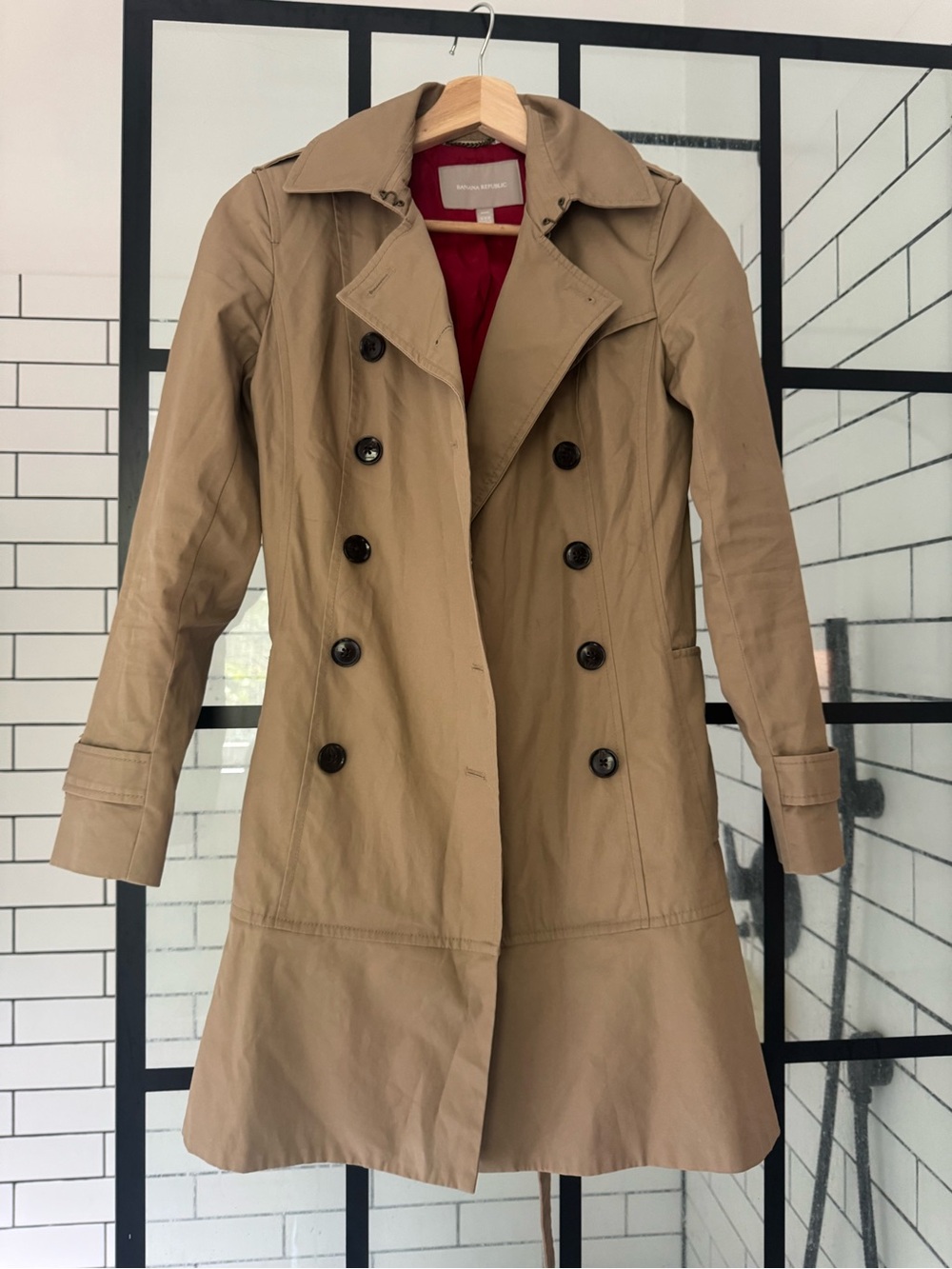 Banana Republic Tan Double-Breasted Trench Coat with Red Lining